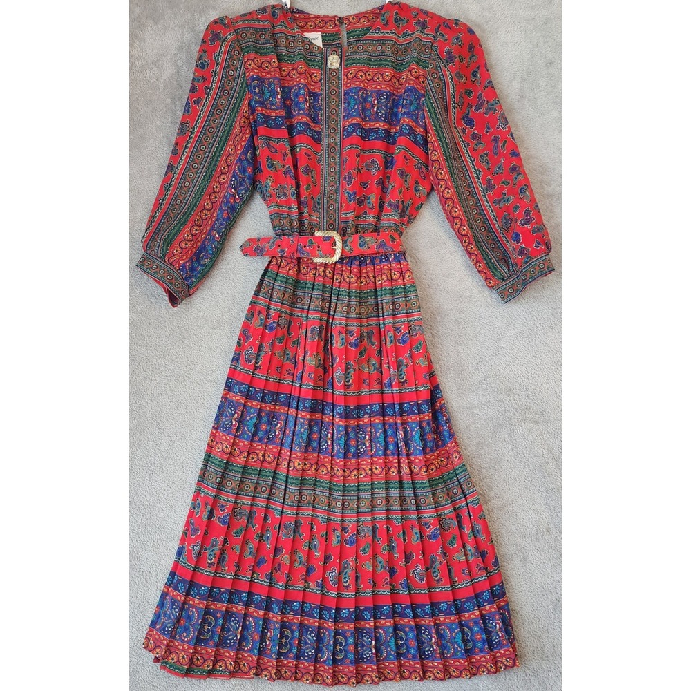 Lady Carol Petites Midi Dress Womens Small Red Paisley Pleated Belted Vintage